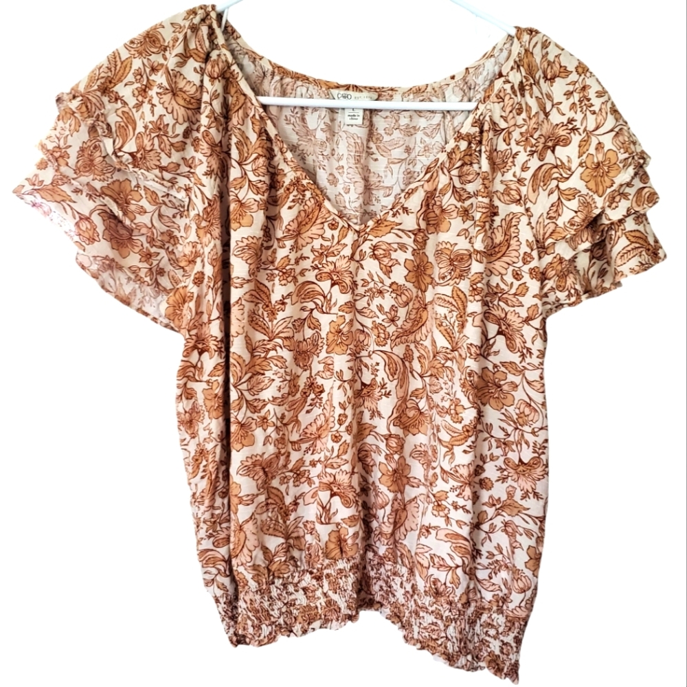 Cato Womens Brown and White Ruffle Sleeve Size Large Shirt Blouse RN#37080‎